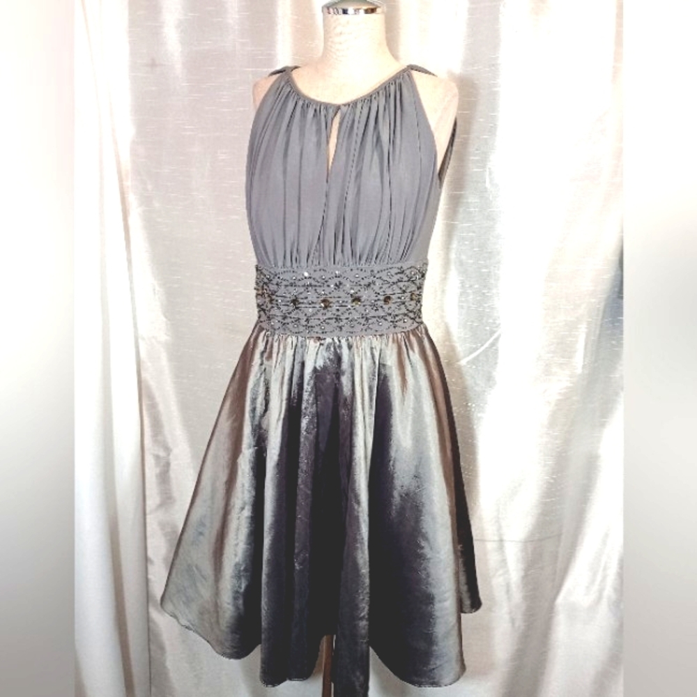 Jessica Howard Formal Dress Satin, Sleeveless Midi, Beaded Waist, Pleats, Gray,8